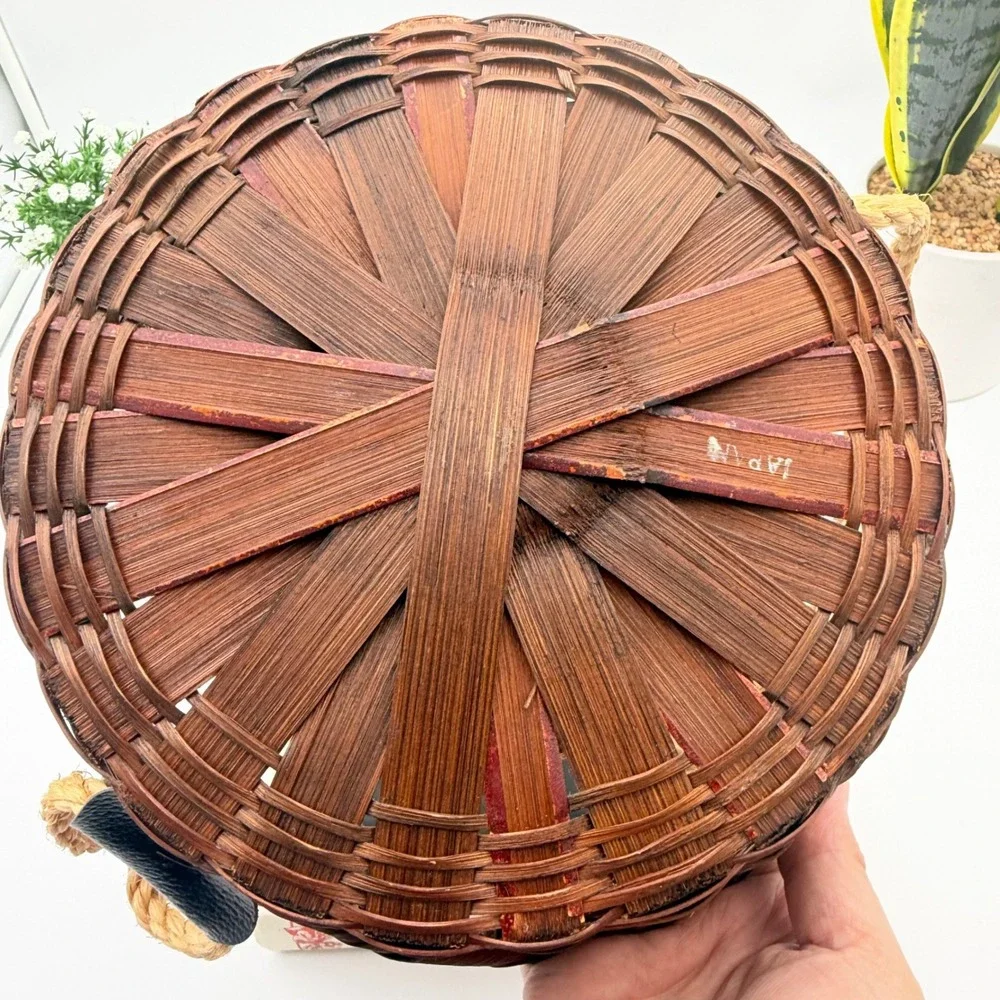 Vintage Woven Bamboo Basket with Rope Handles Made in Japan Dark Reddish Brown